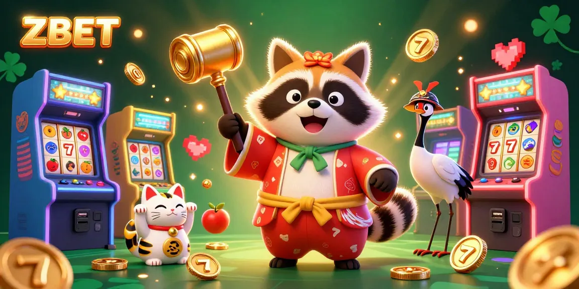 ZBET engages players with colorful slot reels and maneki-neko fortune cats in a vibrant casino scene.
