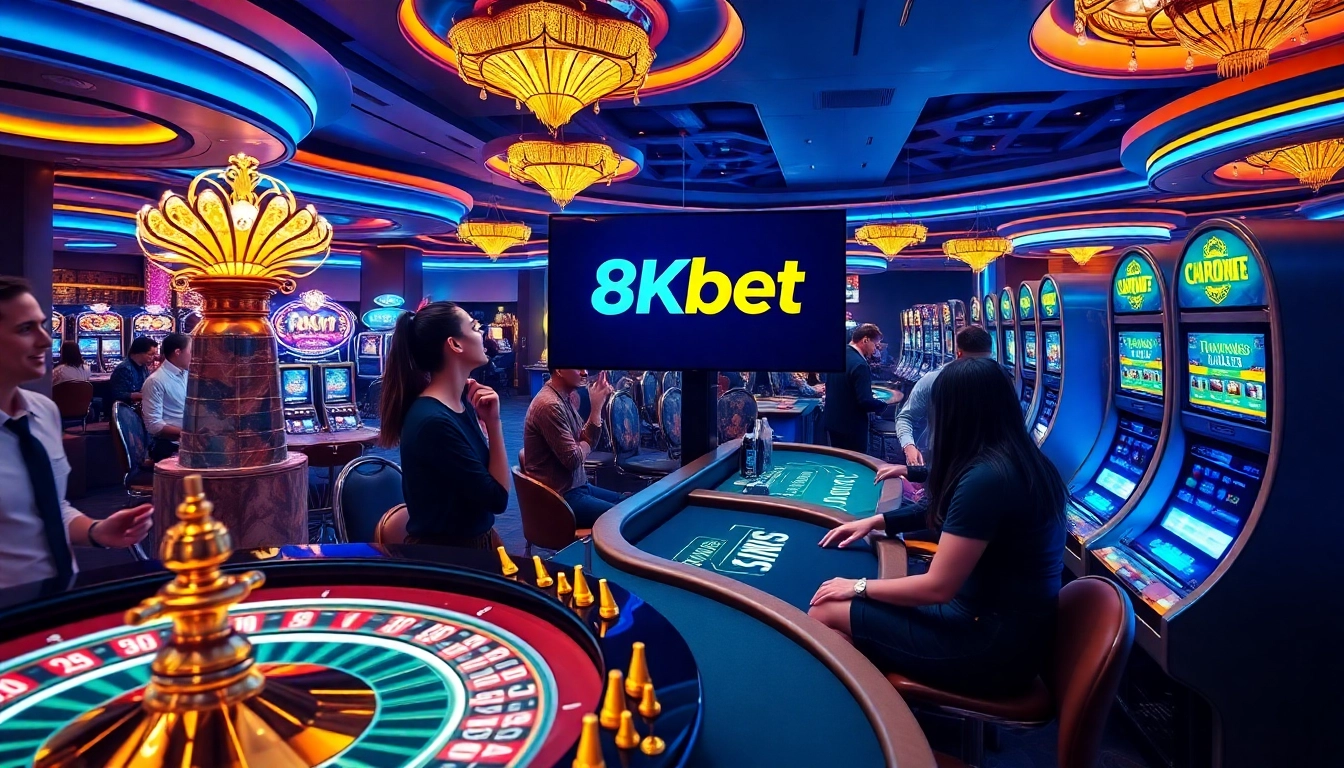Gamblers enjoying a vibrant casino experience at 8Kbet with dynamic games and luxury ambiance.
