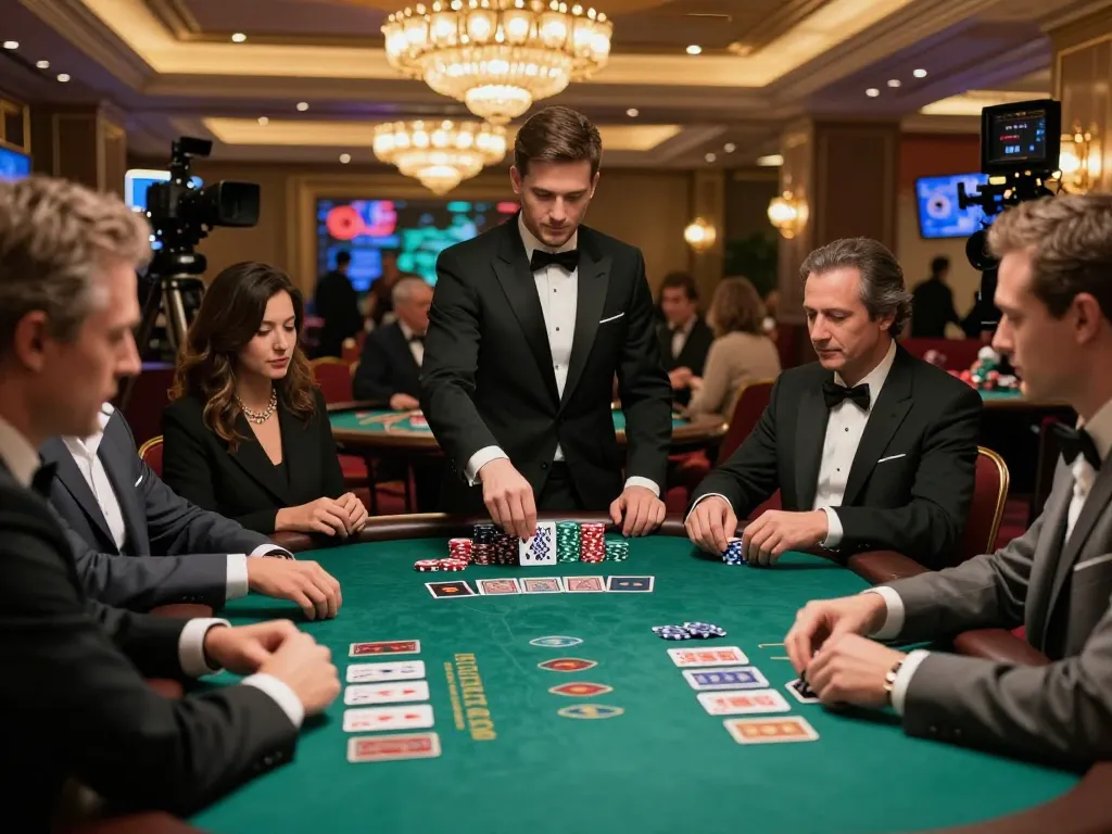 ve88 blackjack game in upscale casino with players strategizing their bets and dealer revealing cards