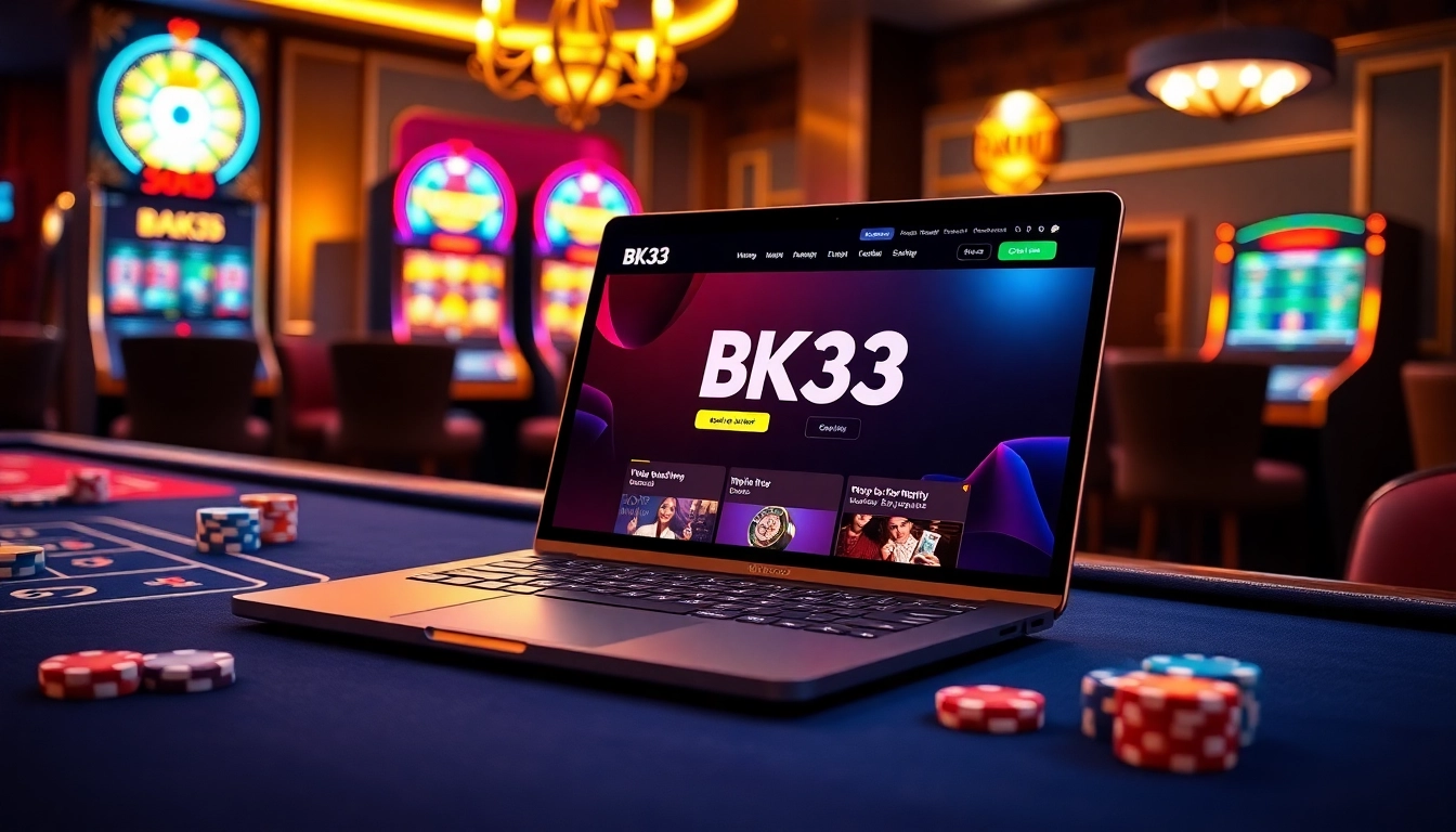 Engage with the thrilling BK33 online gaming scene featuring casino tables, cards, and vibrant colors.