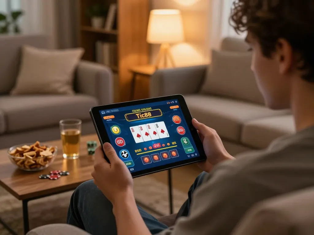 Tic88 online casino gaming interface displayed on a tablet during a cozy home gaming session.
