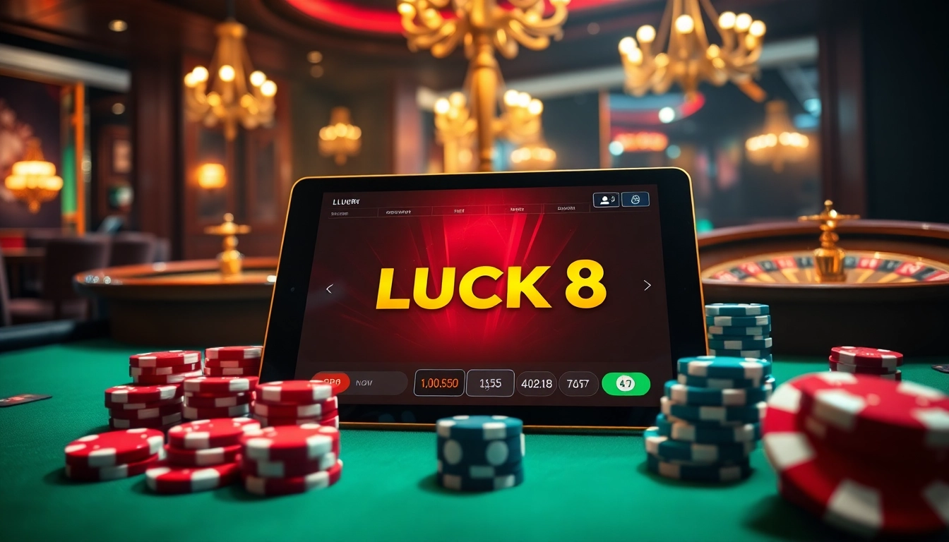 Experience LUCK8's thrilling gaming environment with vibrant poker chips and a roulette wheel.