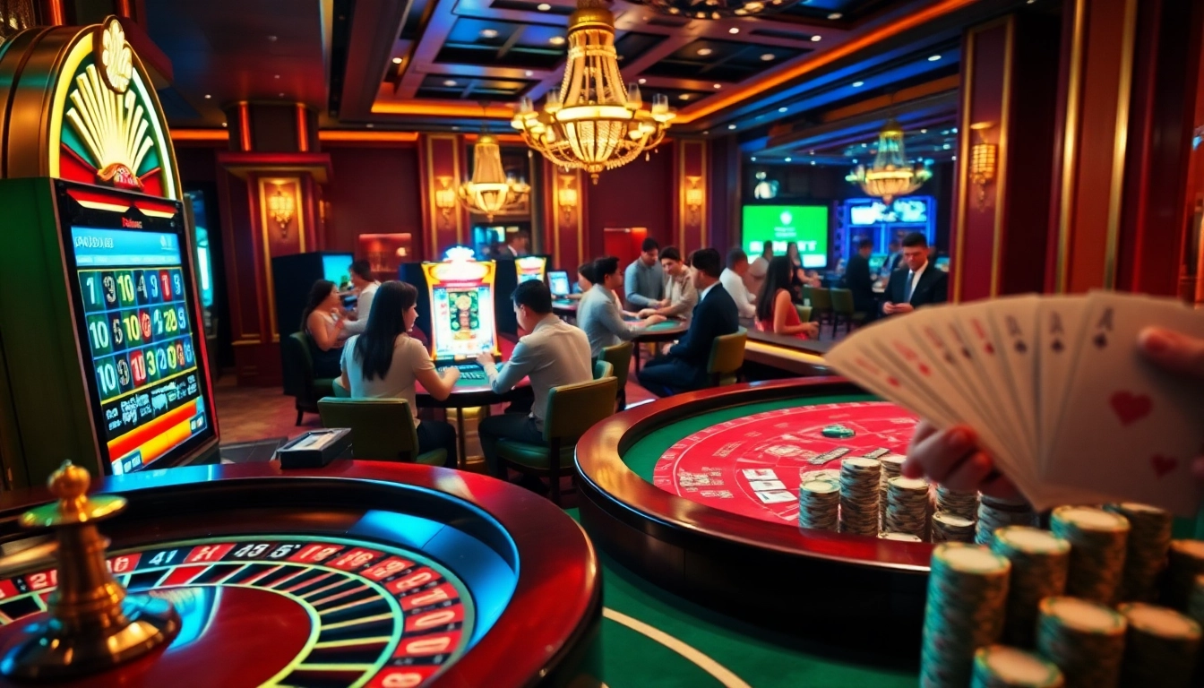 Players engaging in roulette and poker at https://zing88.design/, surrounded by vibrant casino elements.