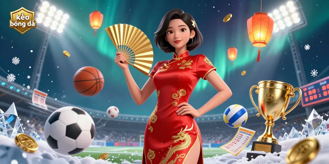 Experience kèo bóng đá action with a stunning 3D illustration showcasing a confident Asian woman in a red qipao amid sports elements.