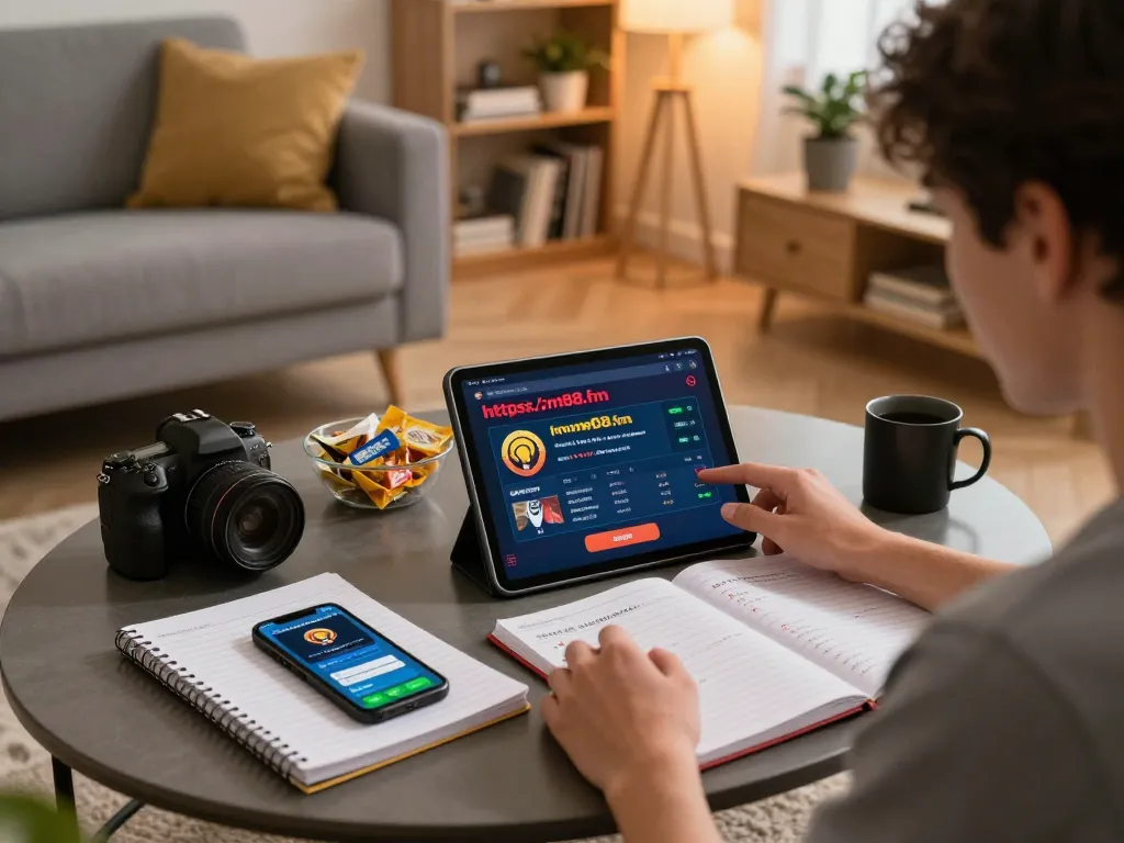Engaging online gambling experience with https://mm88.fun/ interface displayed on tablet in cozy living room.