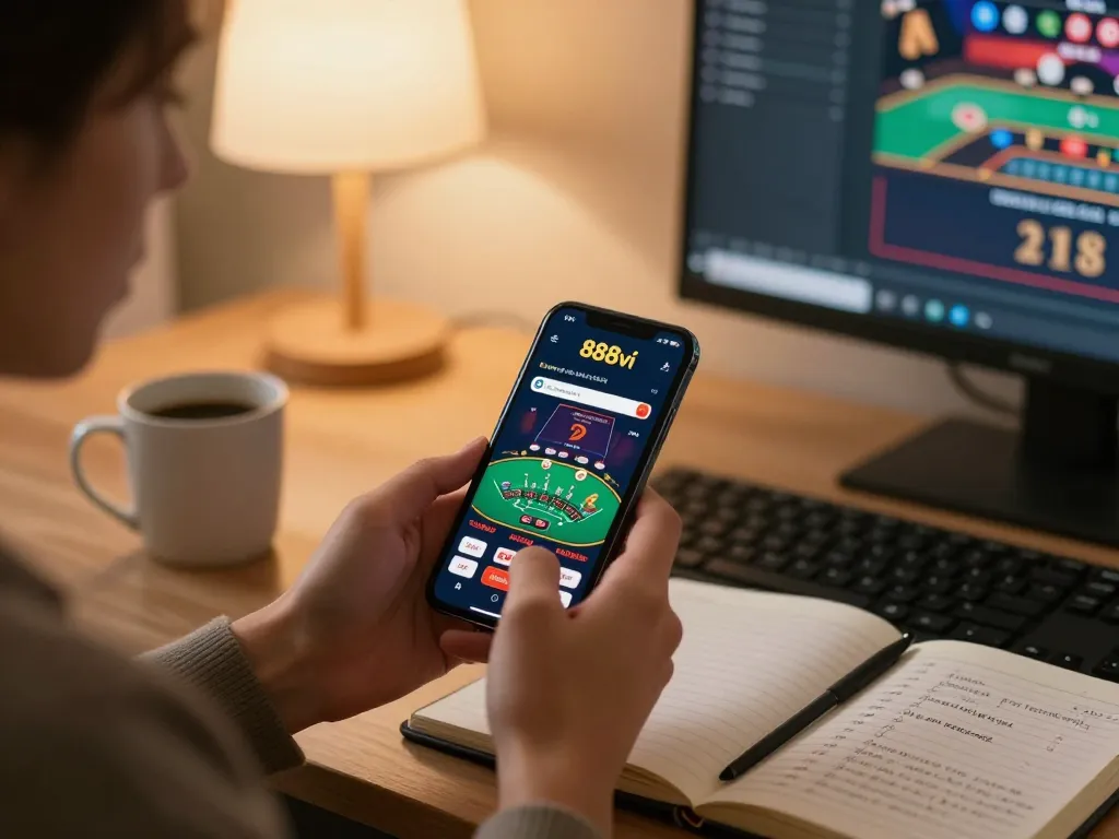 Player engaging with the 888vi casino app on smartphone, showcasing live dealer gameplay atmosphere.