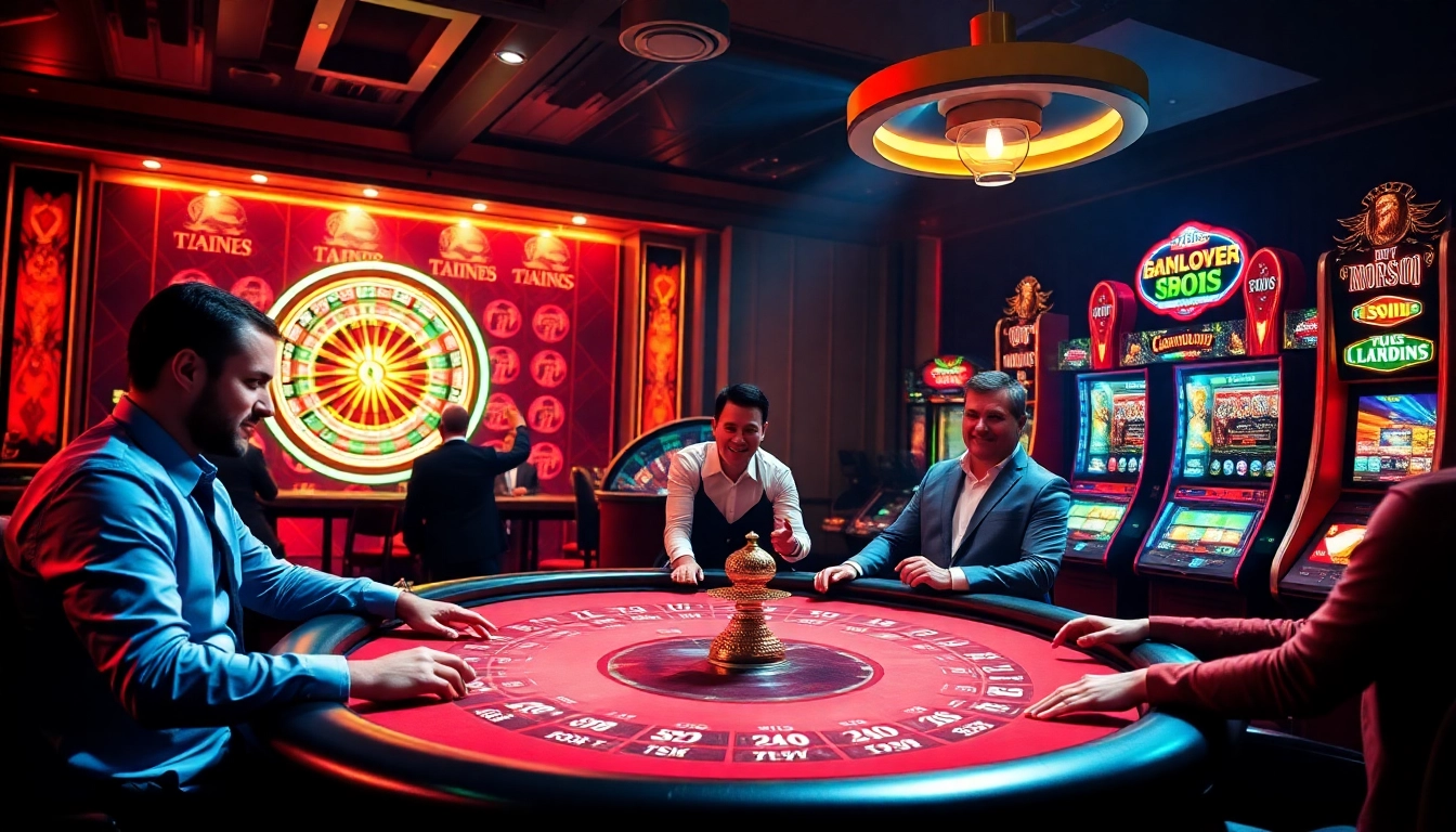 A lively scene of players enjoying games on https://5gbetbr.com.br/, with poker tables, slot machines, and roulette wheels in a vibrant casino atmosphere.