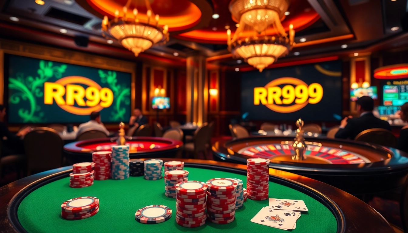 Experience the thrill of RR99 casino games with vibrant poker chips and an elegant roulette wheel.