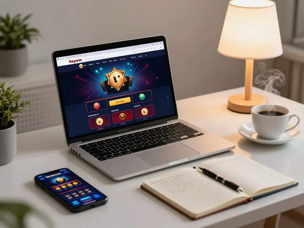 Experience Haywin's online casino thrills with a cozy home gaming setup featuring a laptop and smartphone.