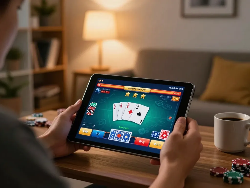 Player enjoying an exciting B52 online poker game on a tablet with vibrant graphics and cozy ambiance.