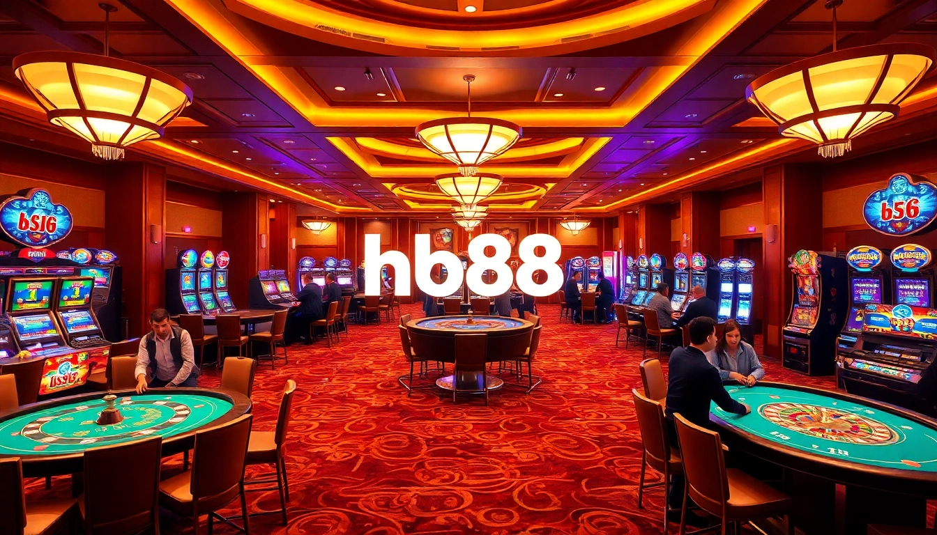 Players enjoying a vibrant casino atmosphere at hb88 with poker tables and slot machines.