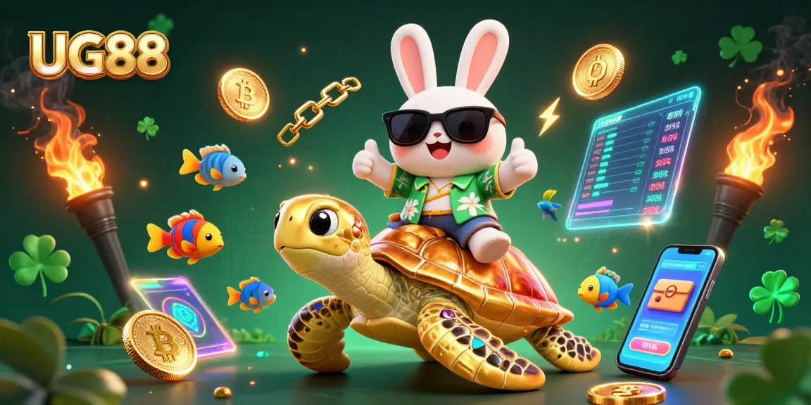 Engage with UG88's vibrant gambling experience, featuring an expressive lucky rabbit and a golden turtle amidst crypto coins.