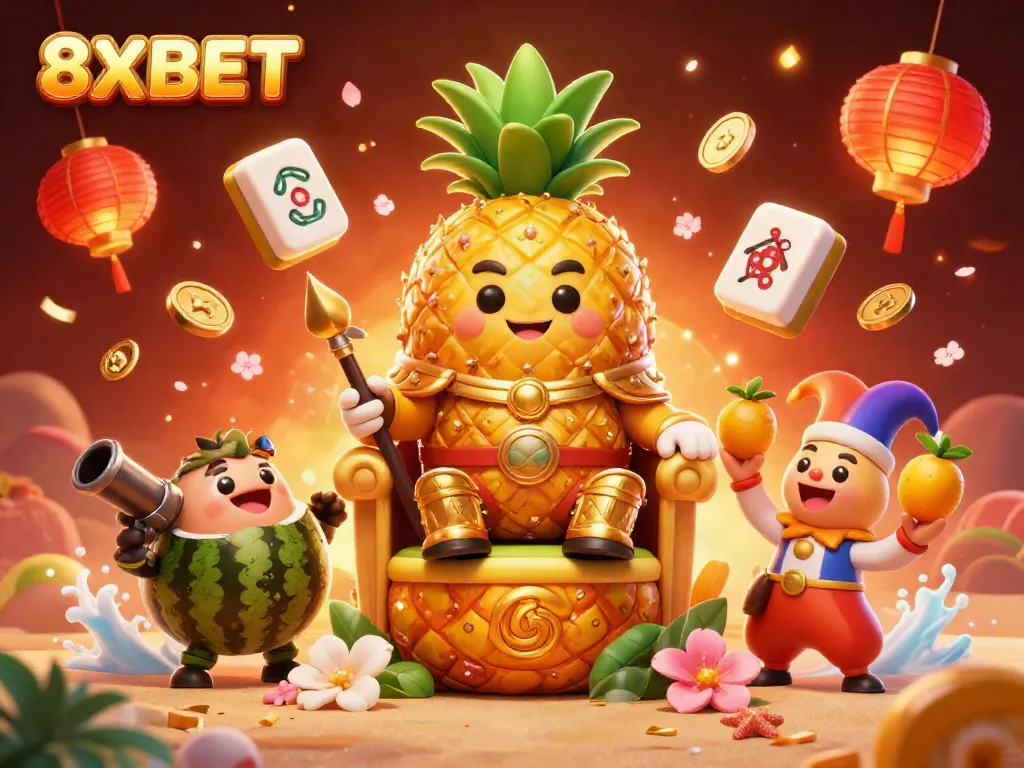 Experience the excitement of 8XBET with a whimsical 3D illustration showcasing casino characters and vibrant gaming elements in a lively beach setting.