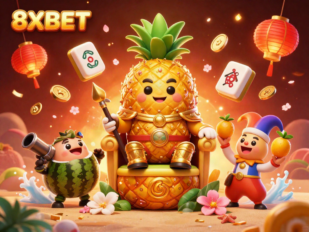 Experience the excitement of 8XBET with a whimsical 3D illustration showcasing casino characters and vibrant gaming elements in a lively beach setting.