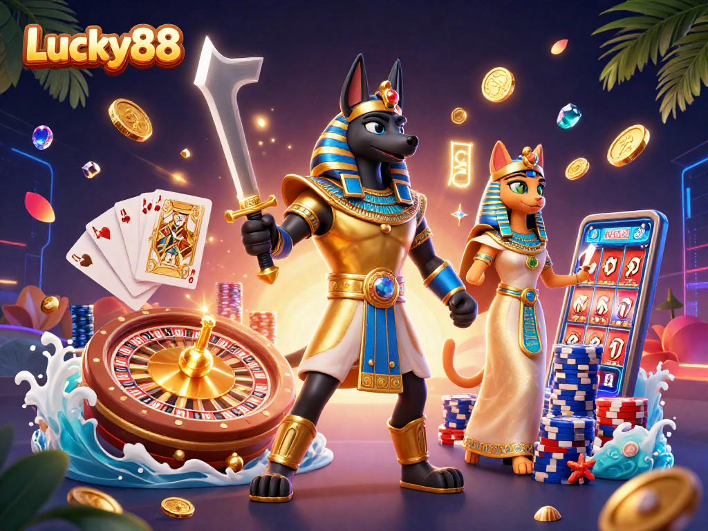 Experience winning strategies with Lucky88 at this vibrant casino illustration featuring Anubis and Bastet.
