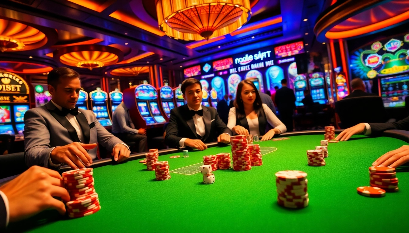 Engaging scene of an i9bet casino poker table with players and vibrant chips
