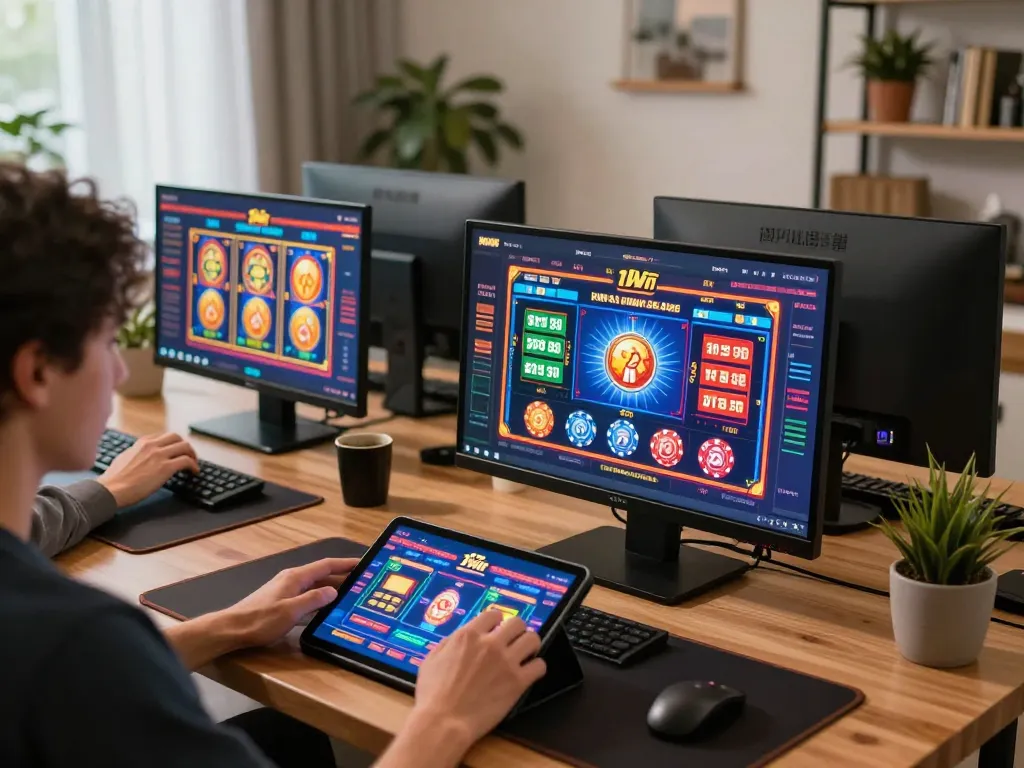 Player enjoying casino games on 13win tablet at home, showcasing strategic online gaming