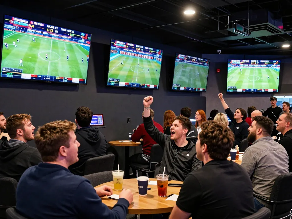 Excited bettors analyzing odds at tylekeonhacai88 sports betting venue during live events.