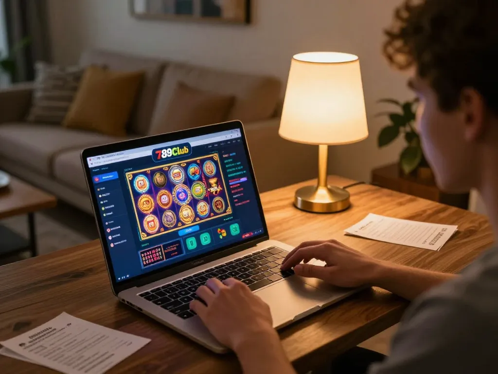 Engaging gameplay at 789Club online casino on a laptop in a comfortable home setting.