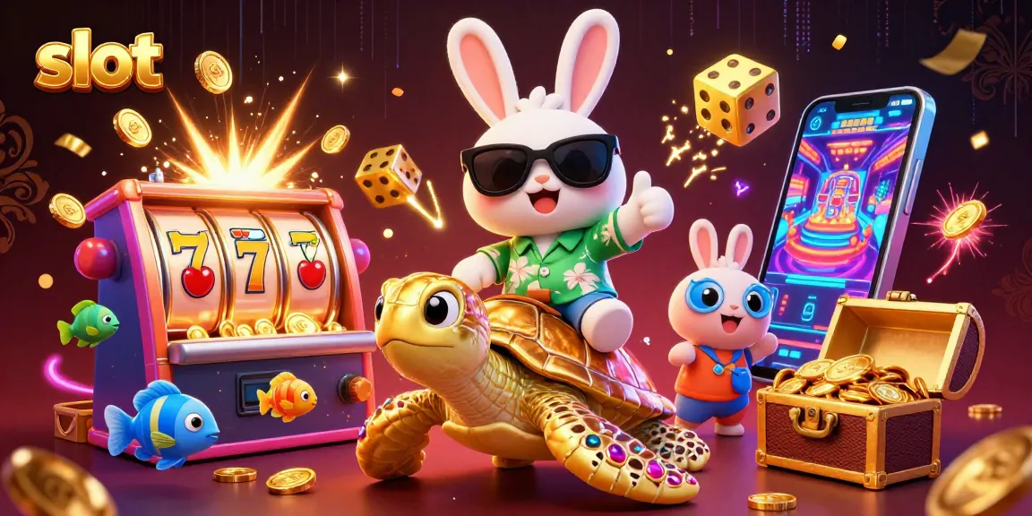 Experience thrilling slot action with a lucky rabbit and golden turtle in a vibrant casino scene.