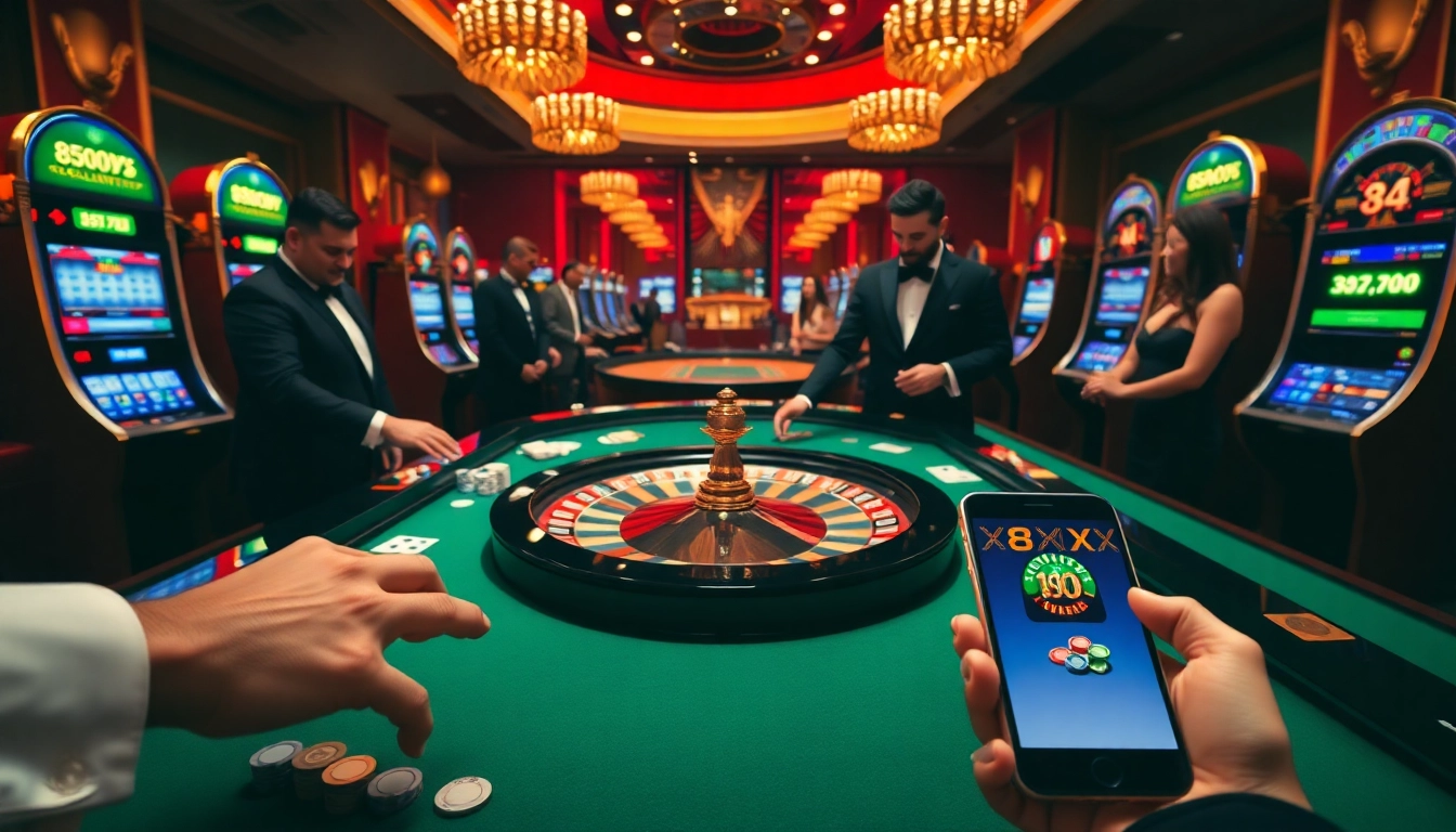 Engage in exciting gameplay at the 8XX casino featuring lively roulette and poker tables.