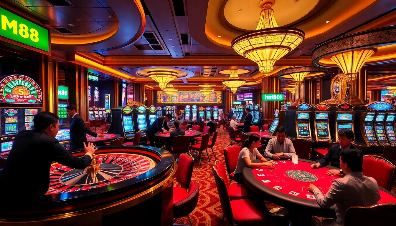 Experience excitement with hm88 in a vibrant casino setting featuring roulette and poker tables.