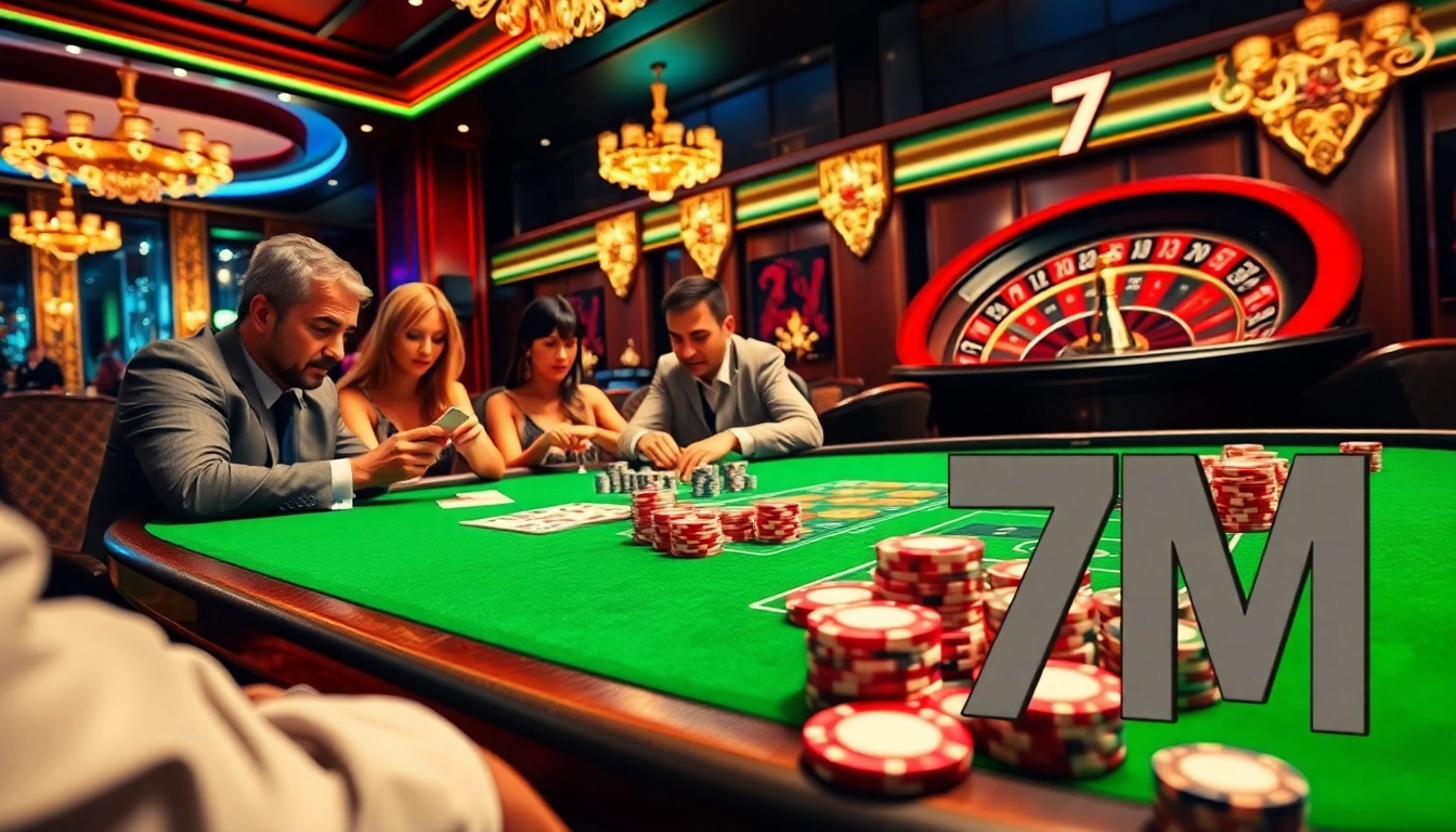 Experience the excitement of high-stakes gambling at a luxurious casino featuring the iconic 7M poker table scene.