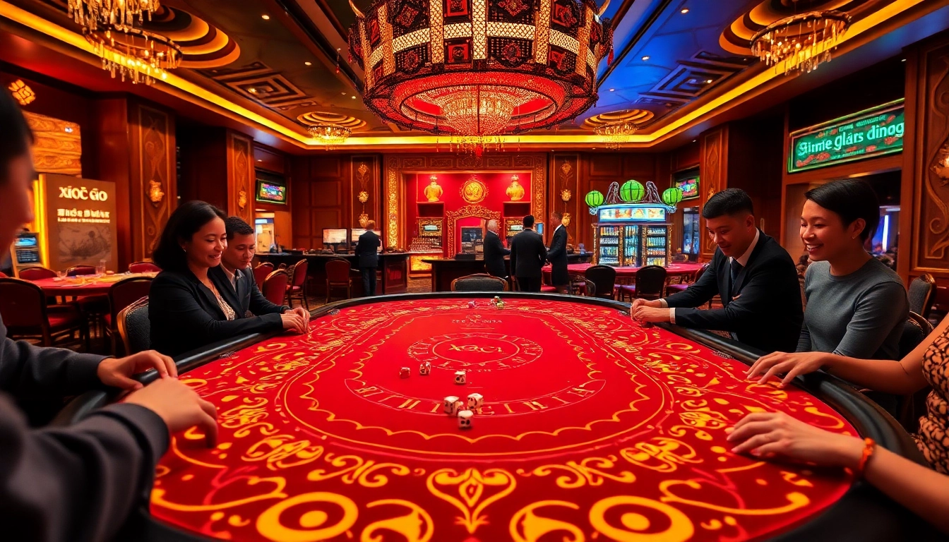 Xóc đĩa online game setup with players betting at a vibrant casino table.