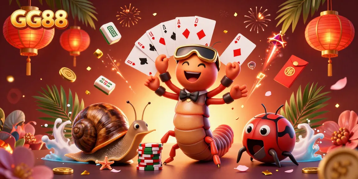 Experience GG88 with a lively casino scene featuring a millipede dealer, snail high-roller, and festive elements.
