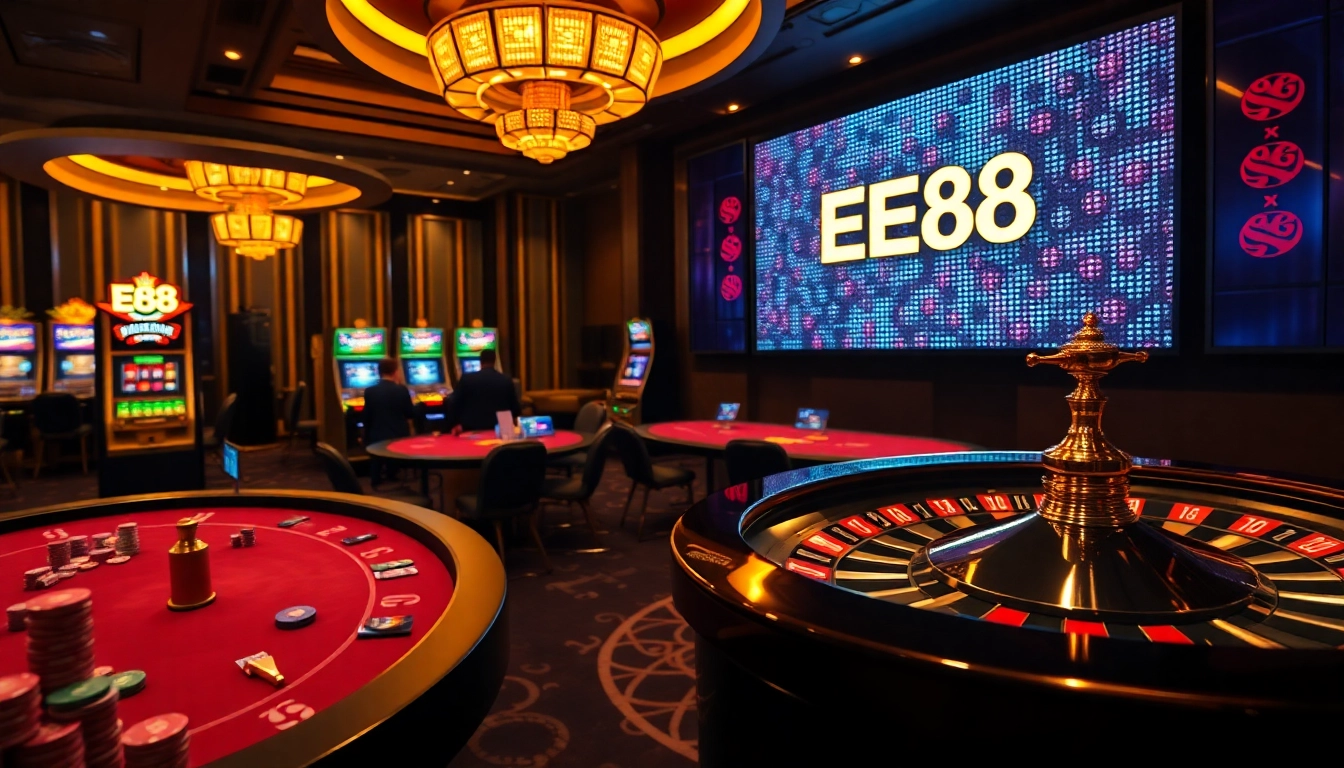 EE88 logo shines over an exciting casino scene featuring poker tables and roulette wheel.