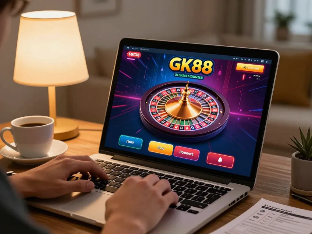Player enjoying GK88's online casino gaming experience with dynamic roulette interface on laptop