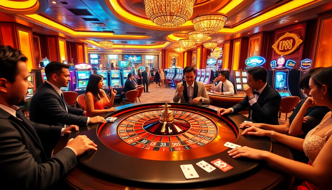 Players enjoying a KP88-themed roulette game in a vibrant casino atmosphere.