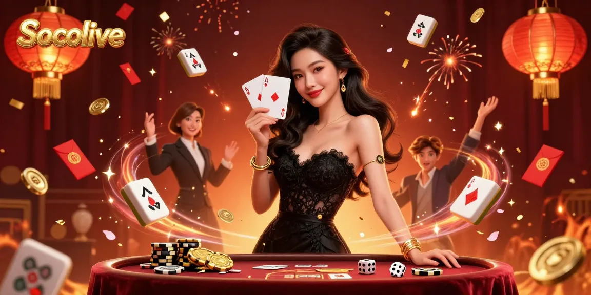Socolive showcases a photorealistic Asian woman elegantly holding playing cards amid luxury casino elements and festive decorations.