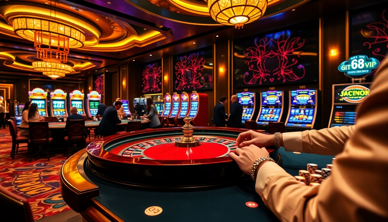 Players enjoying high-stakes gambling at 68VIP casino, with roulette and vibrant slot machines.