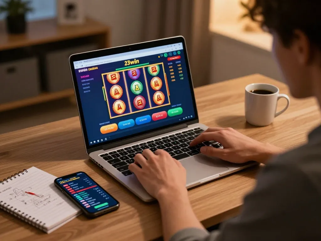 Engaging scene of online gaming at 23win casino with vibrant slot reels and live betting updates on display