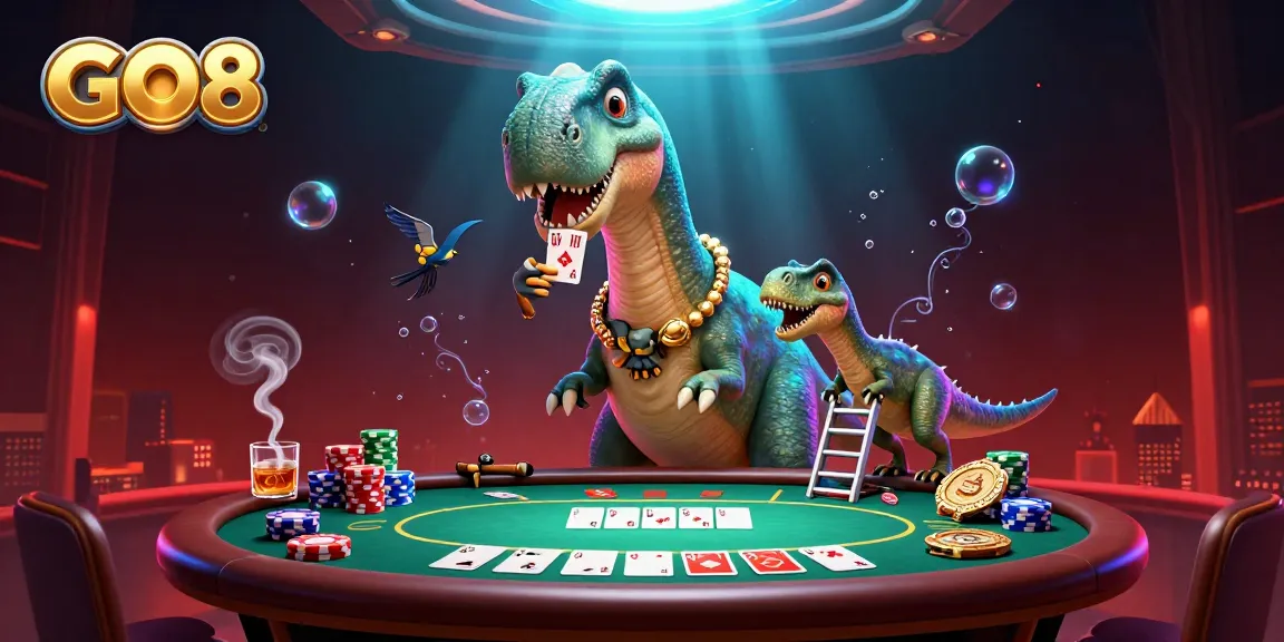 GO8's vibrant 3D illustration showcases thrilling poker action with a brontosaurus and clever raptor.