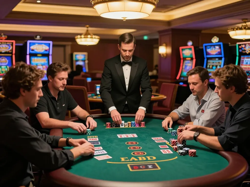 Players engaged in a strategic blackjack game at New88 casino table, showcasing excitement and skilled betting.