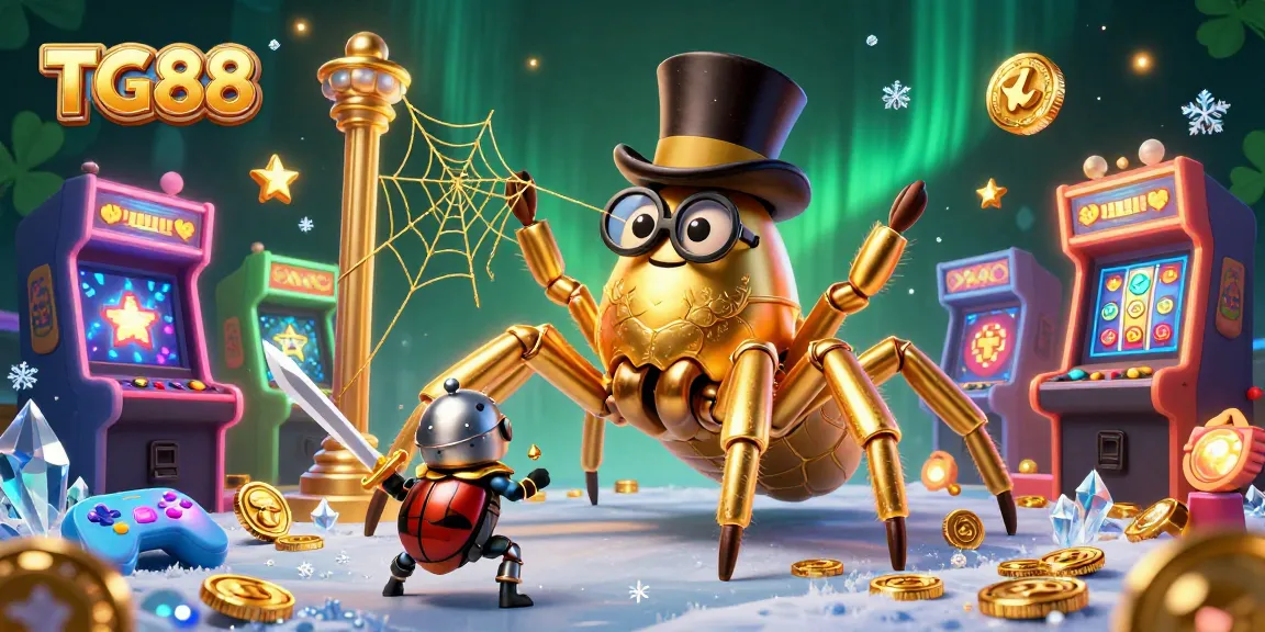 Engage with TG88 as a brave beetle knight approaches a golden tarantula amidst vibrant casino elements.