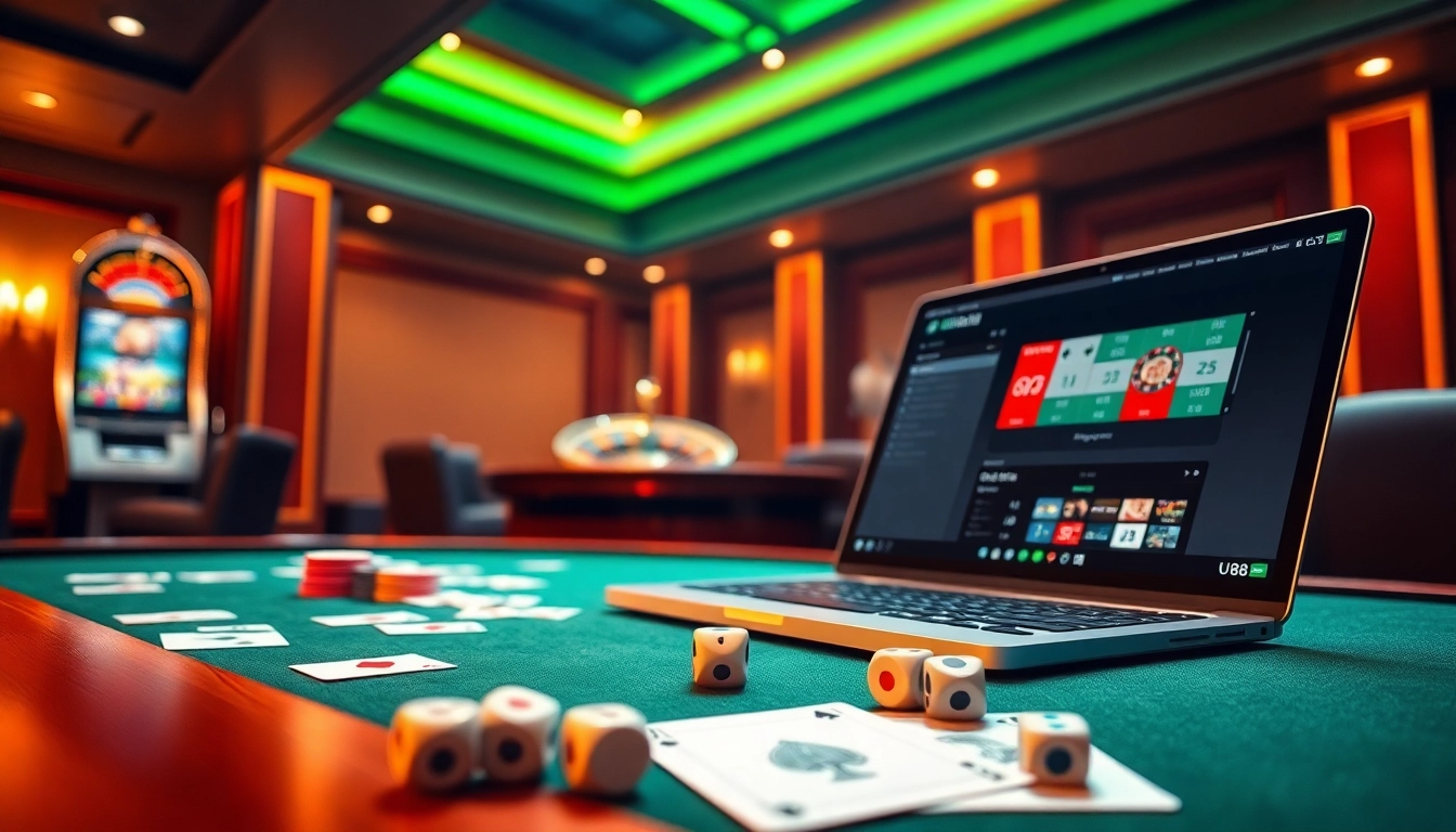 Experience the excitement of online gambling at UU88 with a vibrant casino scene featuring cards and chips.