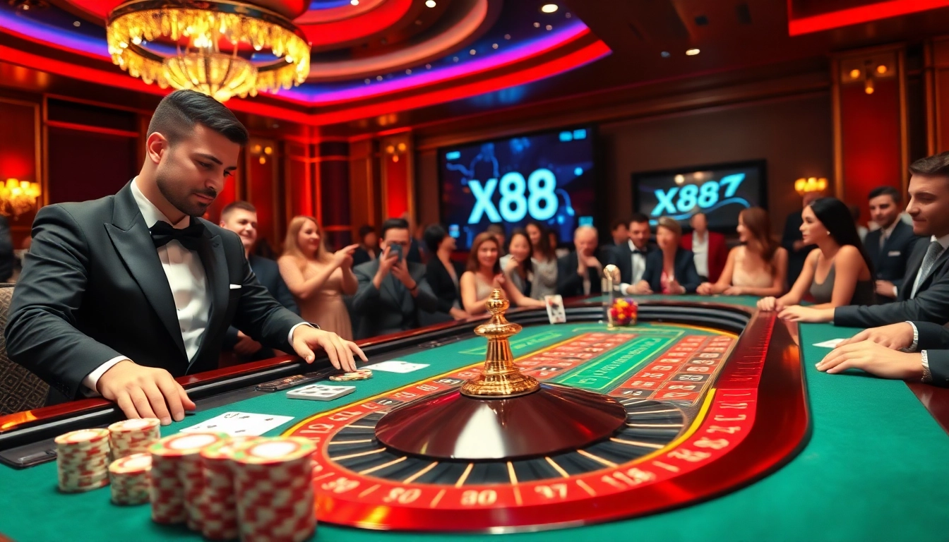 Gambling at the x88 casino with elegant poker chips and a tense roulette game in progress.