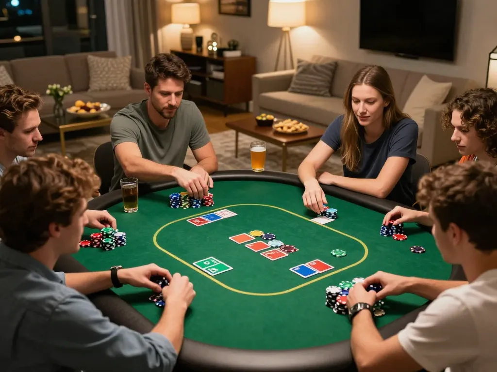 Players enjoying an intense poker night at home, showcasing f8betz gaming strategies and excitement.