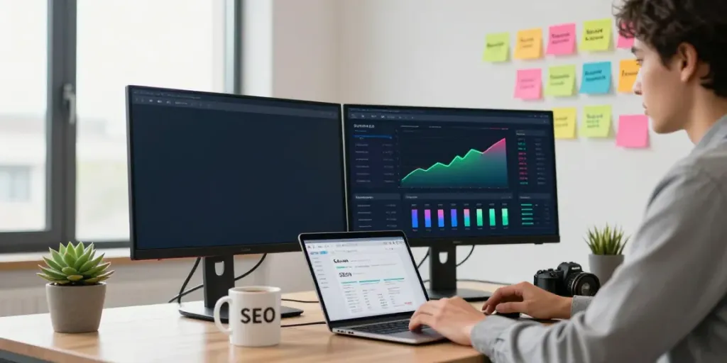 Digital marketing workspace showcasing instant indexing strategies with SEO data analysis.