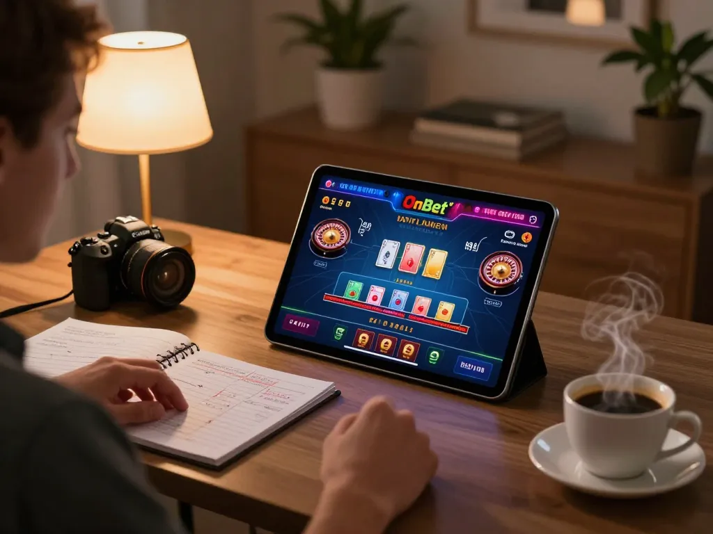 OnBet gaming app displayed on a tablet during an engaging online casino session at home.