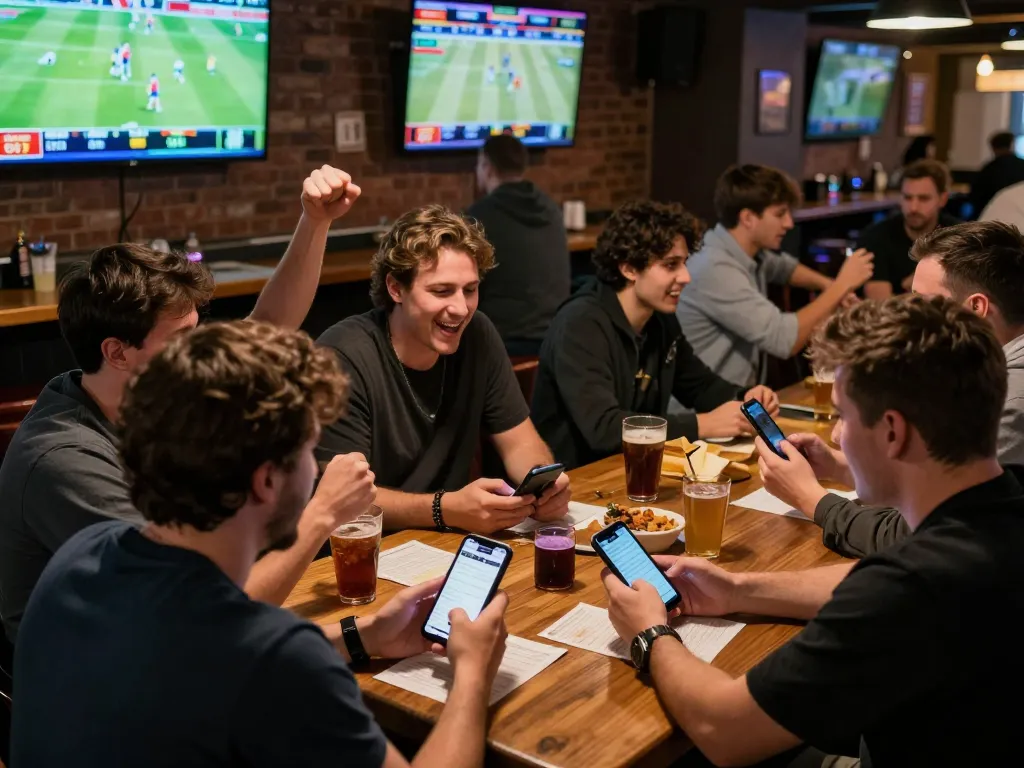 Engaged bettors utilizing Keo nha cai 5 strategies while watching live sports at a crowded sports bar.
