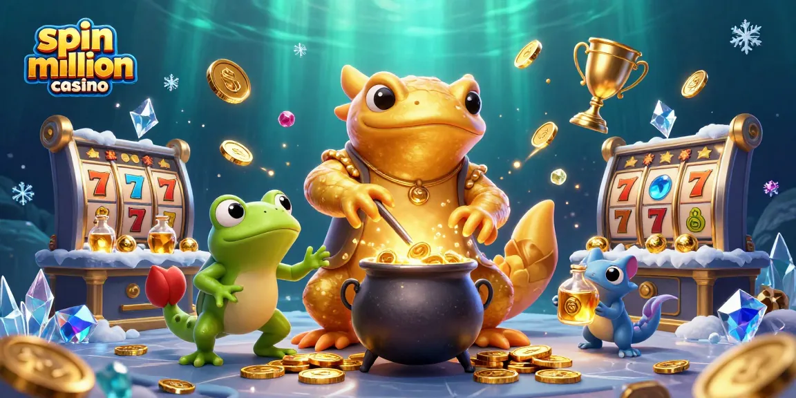 Spin Million Casino's vibrant 3D illustration showcases a golden salamander alchemist transforming metals into gold coins.