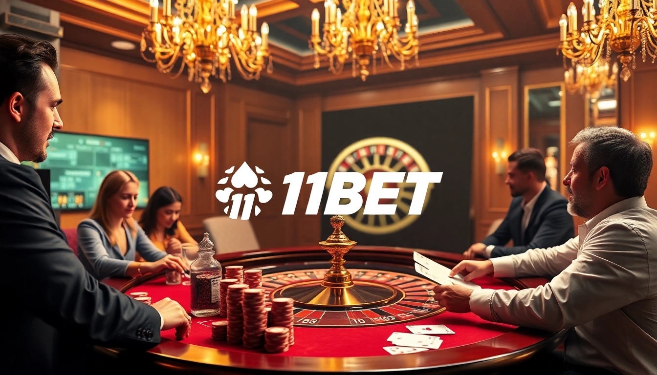 Experience the thrill of betting at 11Bet with luxurious casino elements like chips, cards, and roulette tables.
