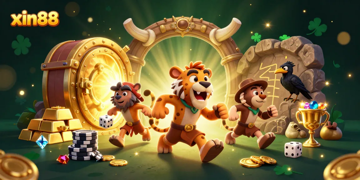 xin88 players winning big at a prehistoric casino with treasure and exciting game elements all around.