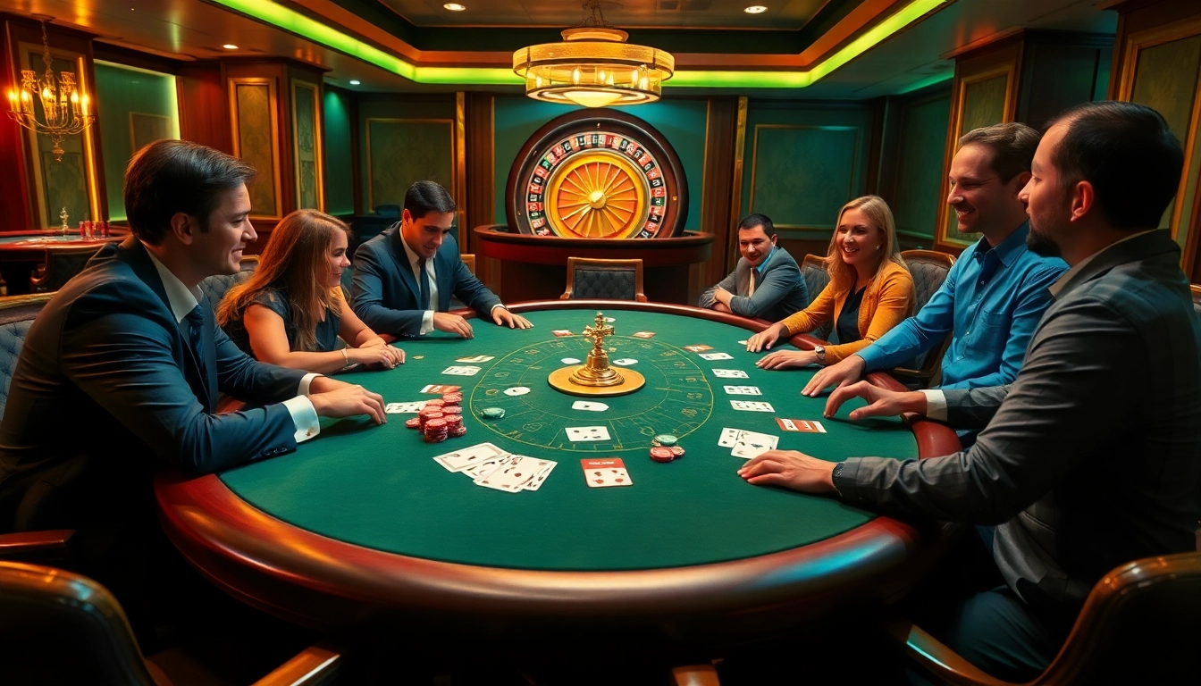 Join the thrilling atmosphere of https://mk8.sh/ as players engage in an exciting poker game at a luxury casino table.