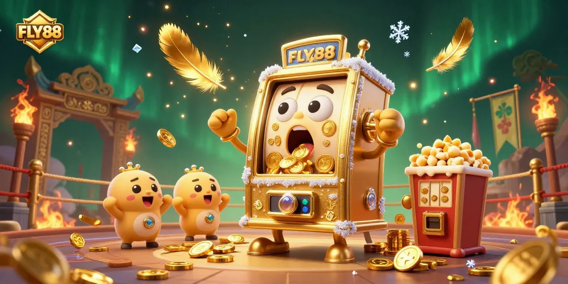 FLY88 showcases a lively scene with a golden slot machine hitting the jackpot, celebrating its success with excitement.