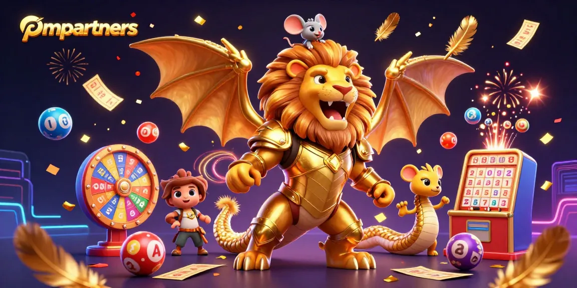 pmpartners showcases a dynamic 3D illustration with a triumphantly roaring chimera in a vibrant lottery scene.